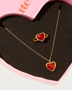 Carnelian Ensemble Collier Et Bague Cœur