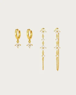 Ensemble de Boucles d'Oreilles Trèfle Porte-Bonheur En Or